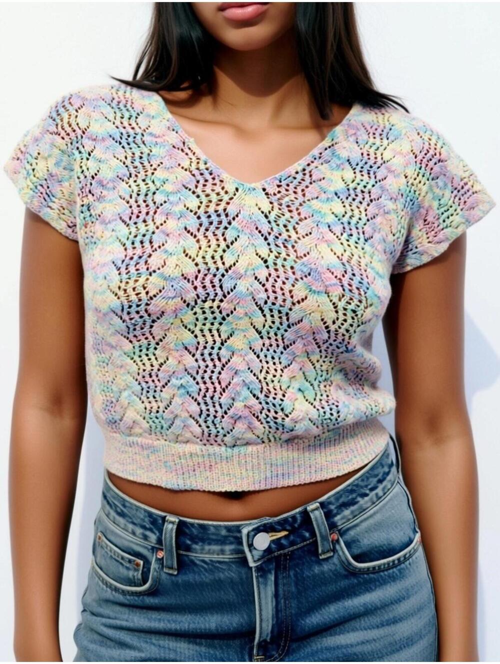 Womens Knit Top Vintage Pastel Short sleeve Sweater V Neck Spring  Sz M/L